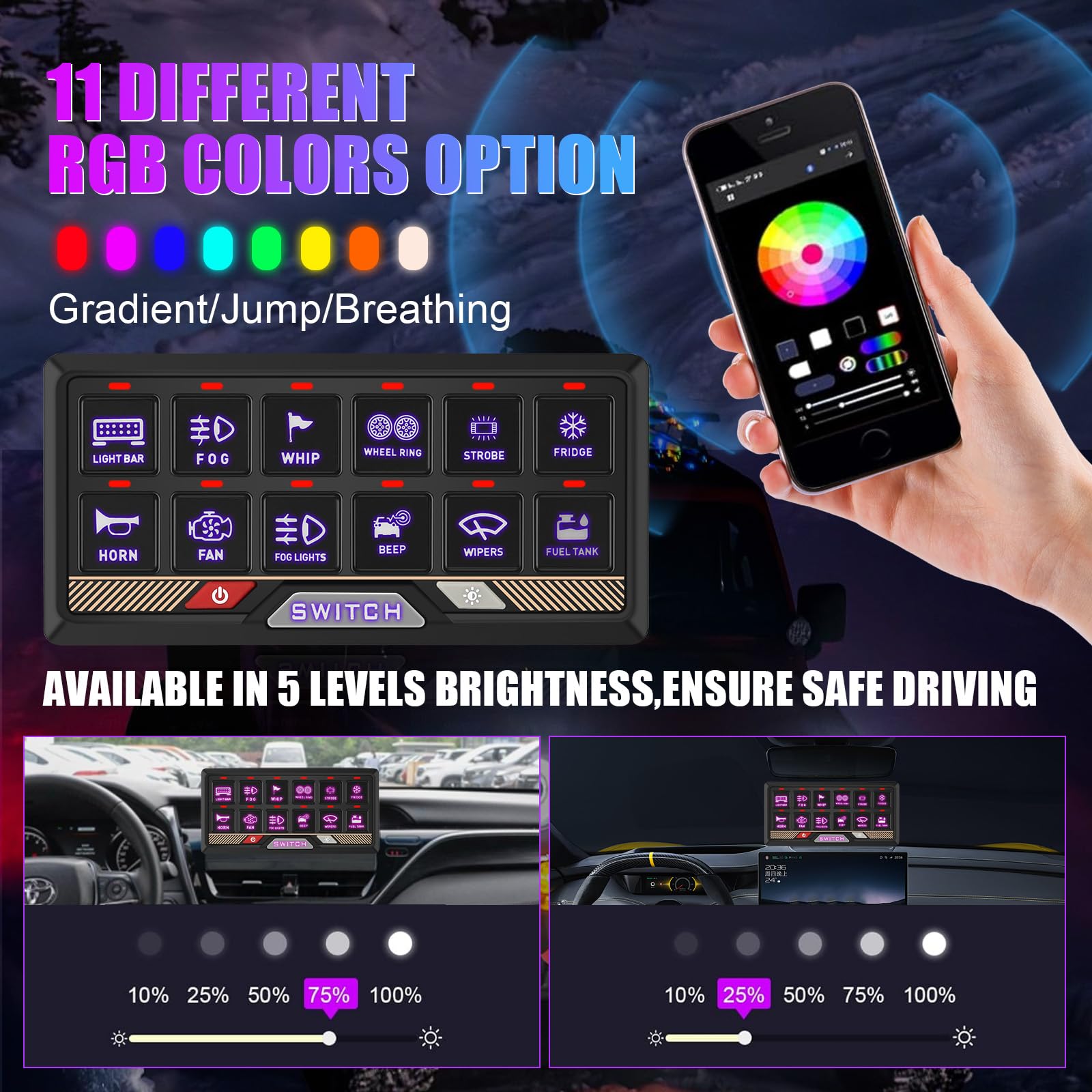 Chelhead RGB 6 Gang Switch Panel with APP Control, Universal Circuit Control Relay System, Multi-Function Bluetooth Remote Switch Panel, Compatible with Truck Boat SUV RV Trailer Marine ATV UTV