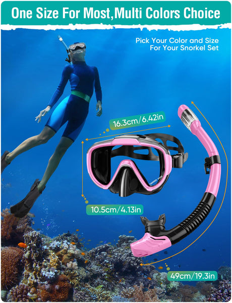 Lealinga Snorkel Set Adults Snorkel Mask Anti-Fog Panoramic View Diving Mask Dry Top Snorkel Kit with Travel Bag Diving Set for Snorkeling Scuba Diving Swimming Travel