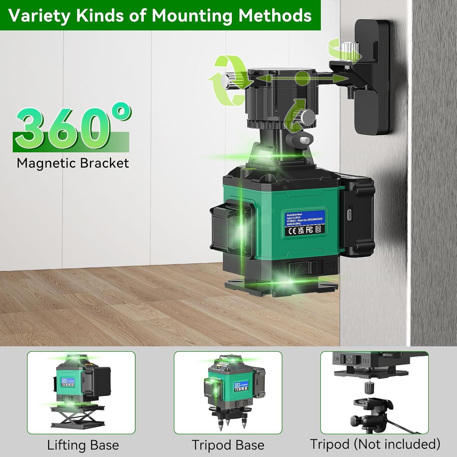 Laser Lever with Tripod, Healfith 4 x 360° 16 Lines Self Leveling Laser Level Green Lazer Level for Construction, Tile, Home Renovation, Picture Hanging