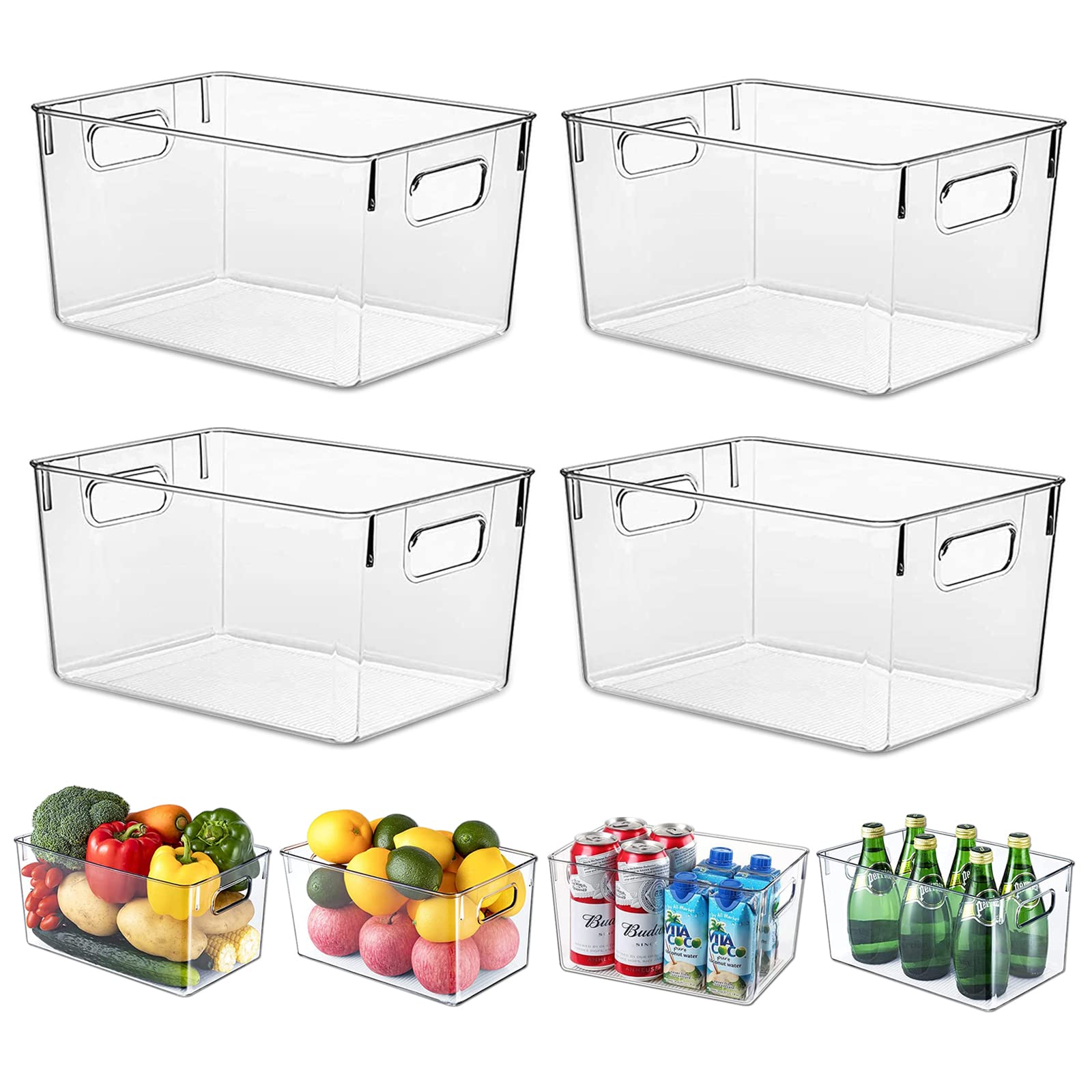 HPYLIFH Fridge Organiser with Handles, 4 Pack Clear Pantry Organizer Bins, Food Storage Basket for Kitchen, Countertops, Cabinets, Refrigerator,