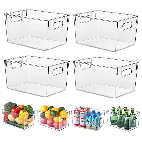 HPYLIFH Fridge Organiser with Handles, 4 Pack Clear Pantry Organizer Bins, Food Storage Basket for Kitchen, Countertops, Cabinets, Refrigerator,