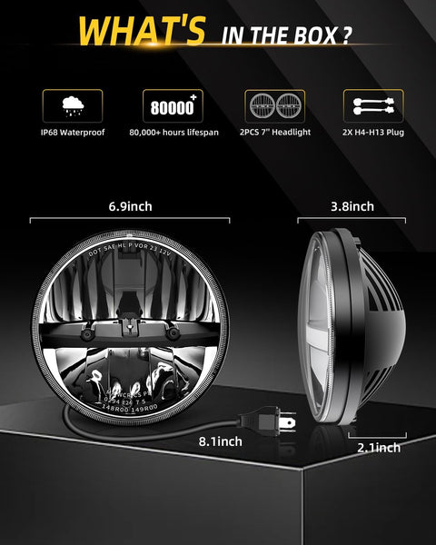 CO LIGHT 7 Inch LED Headlight Round Half Halo Angel Eyes DRL Amber Turn Signal Lights DOT and E-Mark Approved, H6024 LED Headlights with H4 H13 Adapter Compatible for Wrangler JK TJ LJ CJ, 2PCS