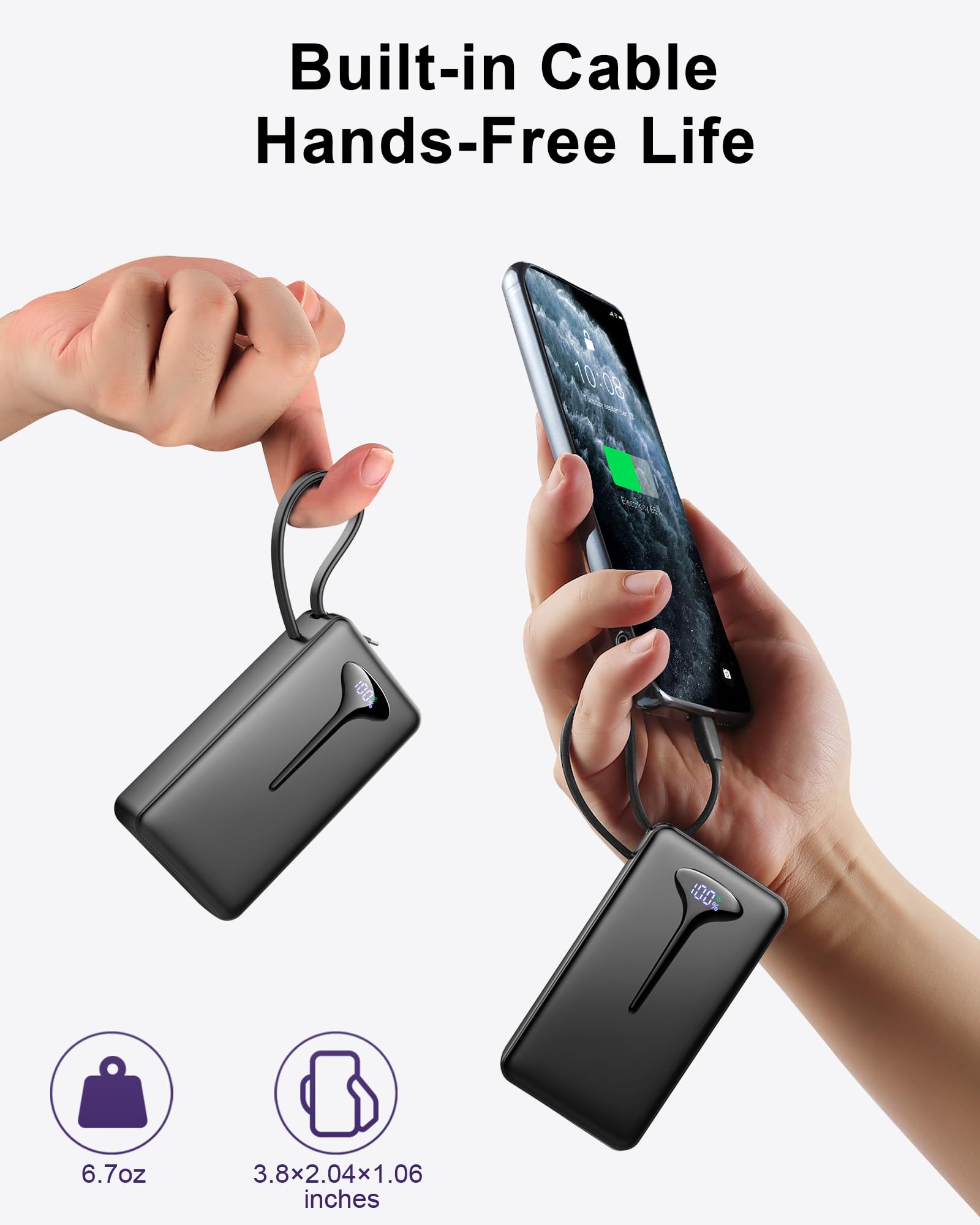 Power Bank Fast Charging, 22.5W Portable Charger 10000mAh, Small Battery Pack USB-C In & Out, Lightweight Powerbank with Built in Cable for iPhone 16/15/14/13/12, Samsung Galaxy, Xiaomi, Android etc