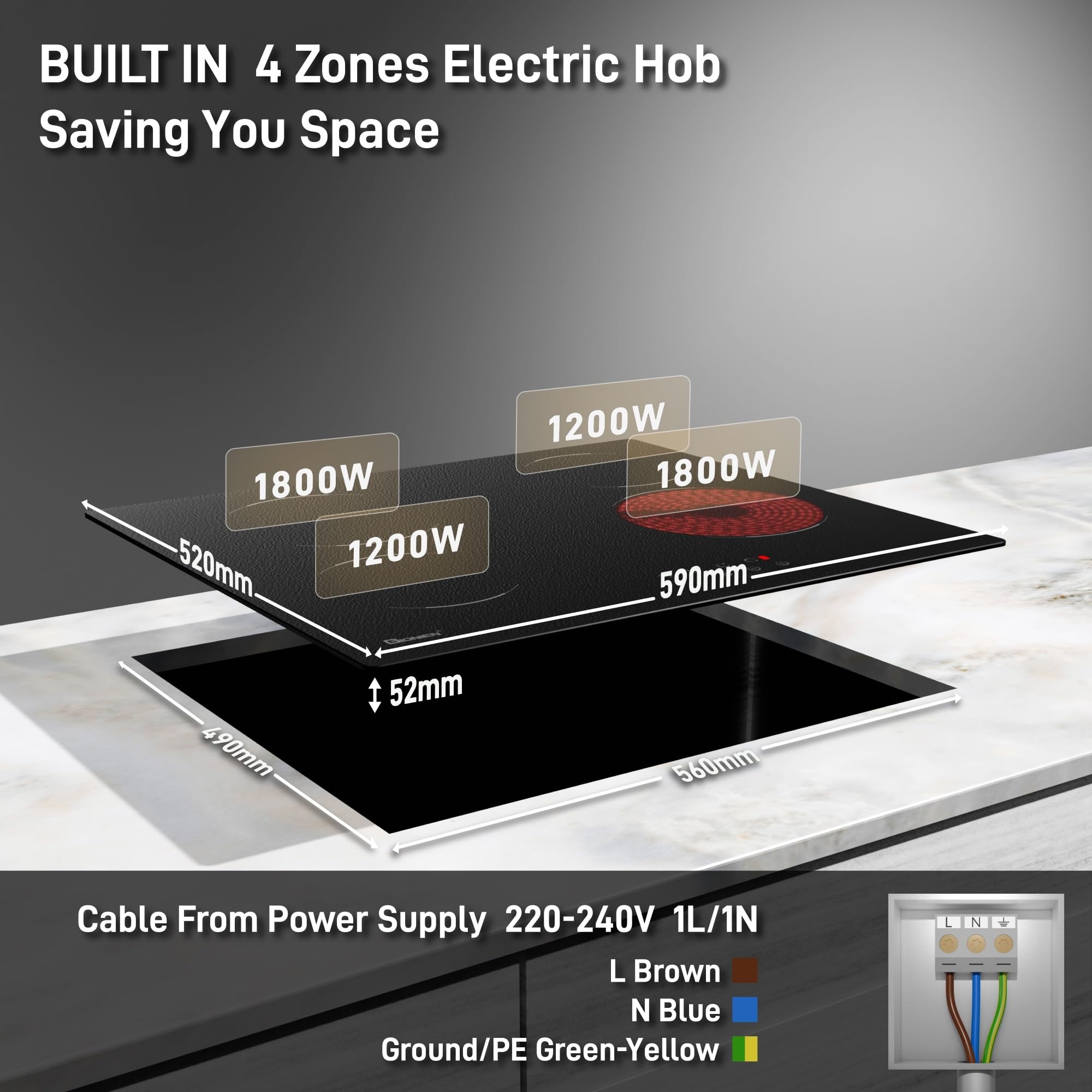 GIONIEN Ceramic Hob 60cm Electric Cooktop Burner, Built in Black Glass Cooker with 4 Cooking Zones GCE460TC