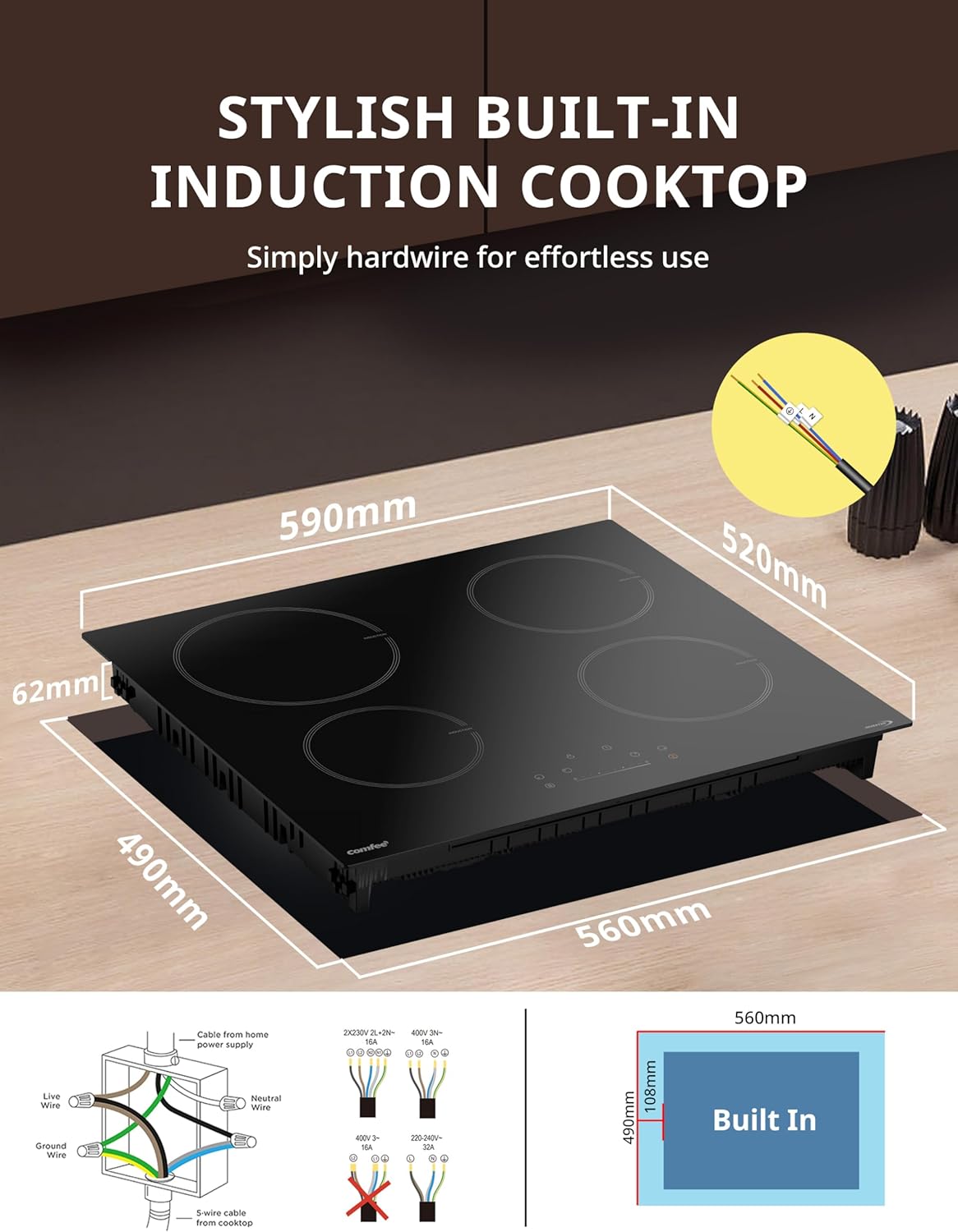 COMFEE' Induction Hob 7400 WATT with 4 Zones Induction Stove with Flexible Zone Built-in induction cooktop,Wiring, Touch control, Automatic Switch-Off, Child Safety Lock, No Plug Included