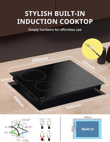 COMFEE' Induction Hob 7400 WATT with 4 Zones Induction Stove with Flexible Zone Built-in induction cooktop,Wiring, Touch control, Automatic Switch-Off, Child Safety Lock, No Plug Included