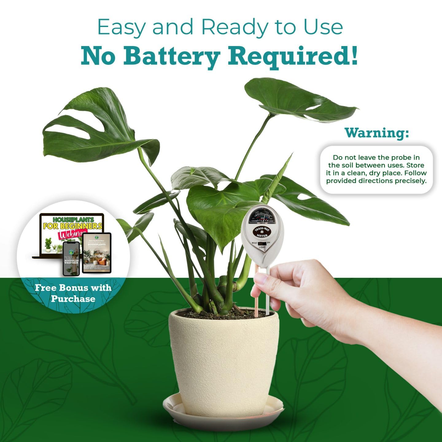 HOUSEPLANT RESOURCE CENTER 3-in-1 Soil Metre Optimise Plant Health with Moisture, Light & pH Testing