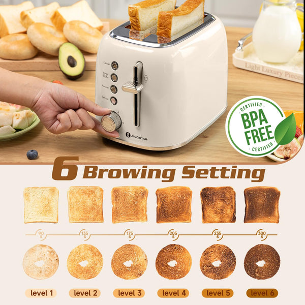Aigostar Toaster 2 Slice, Retro Wide Slot Stainless Steel Toaster 800W for Toasting Bagels Breads, Defrost Reheat Cancel Functions, 6 Browning
