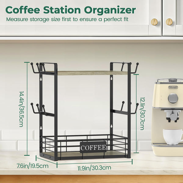 EsLuker.ly 2 Tier Coffee Bar Organizer Countertop Station Rack for Kitchen, Multi-functional Coffee Mug Holder Display Stand, Accessory Storage Shelf