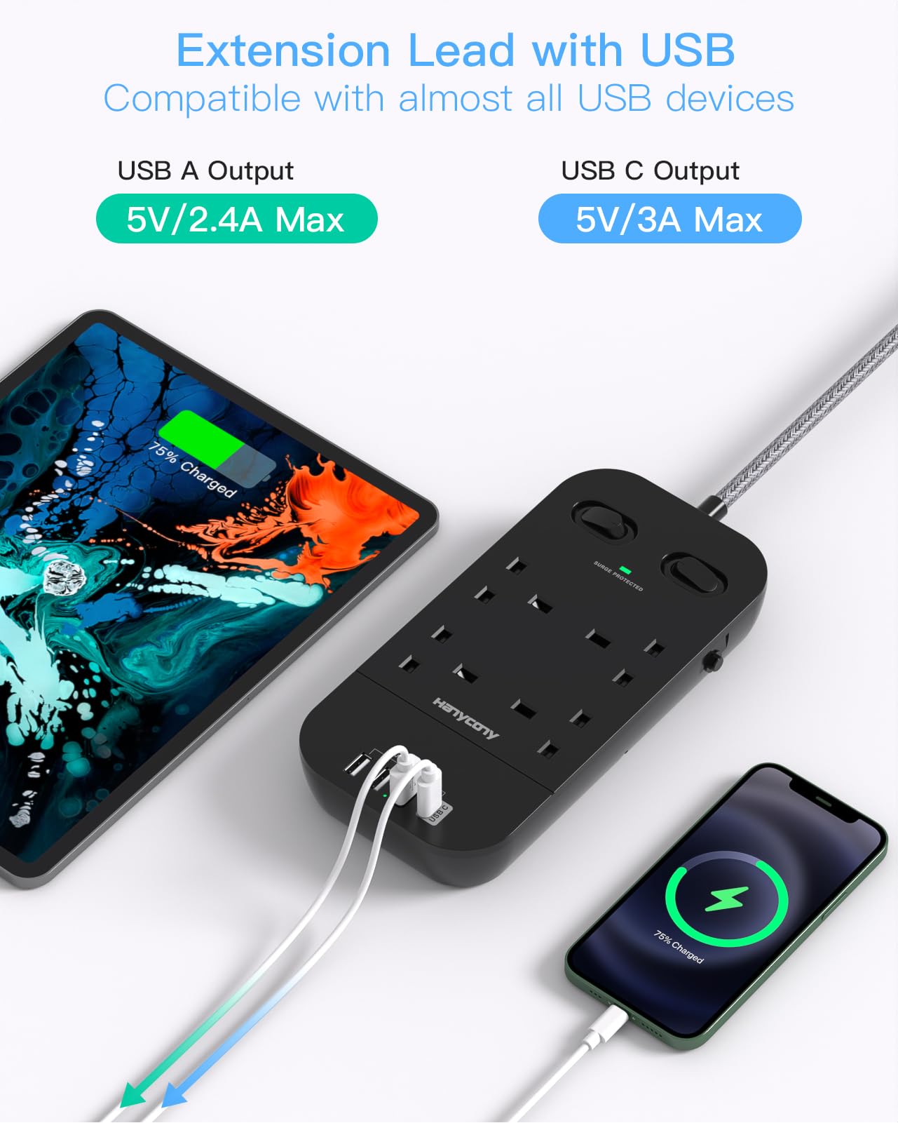 4 Way Surge Protected Extension Lead with USB Slots, HANYCONY Extension Cable with Double Switches, Plug Extension Socket 1.8M Braided Extension Cord for Home Office Accessories, Gray