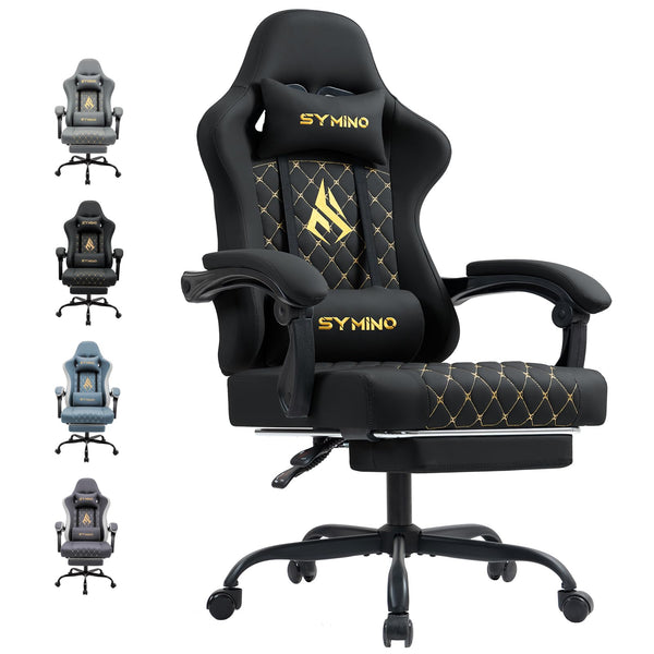 Symino Gaming Chair with Footrest, Computer Ergonomic Video Game Chair, Adjustable Swivel Task Chair with Lumbar Support, PC Chair, Office Chair PU Leather, Grey&White