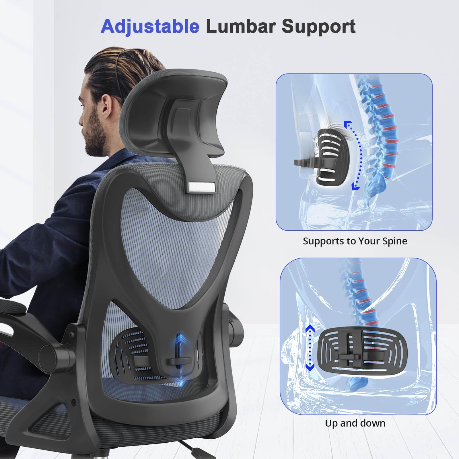 Office Chair - Ergonomic Desk Chair with Lumbar Support Headrest Adjustable, Padded Flip-up Armrests Comfy Seat Cushion High Back Executive Manager Chair For Home Office