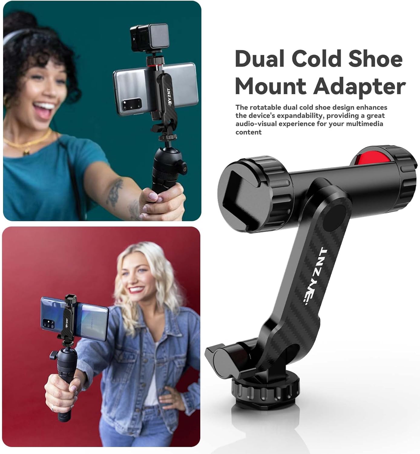 YZNT Phone Tripod Mount, Universal Smartphone Holder with 2 Cold Shoe Mount Adapter and 1/4" Standard Screw Thread, 360°Rotation & 180°Tilt Phone Clamp Compatible with iPhone & Android for Photography