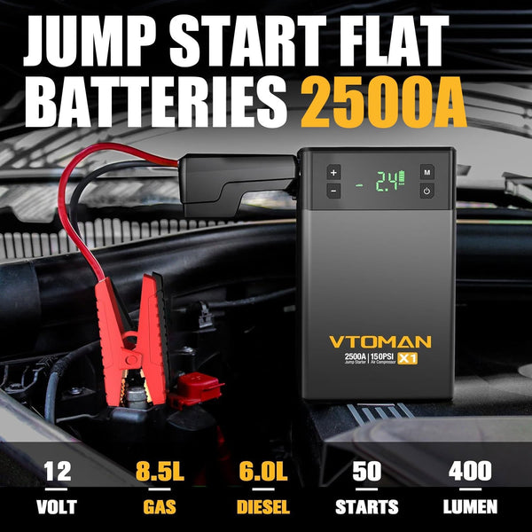 VTOMAN X1 Jump Starter Power pack with Air Compressor 2500A, Portable Car Battery Booster Jump Starter (Up to 8.5L Gas/6.0L Diesel Engines) Jump Pack with 150PSI Digital Tire Inflator