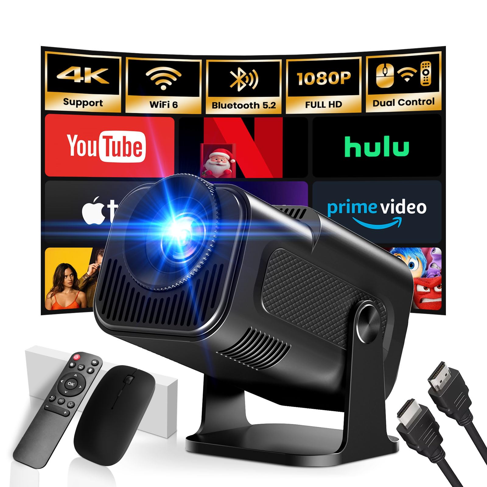 [2025 Model & Built-in Apps] Mini Projector 1080P FHD 4K Support Portable Projector with WiFi and Bluetooth 180° Adjustable Auto Keystone Compatible with TV Stick/Memory Stick/USB/Laptop, Black