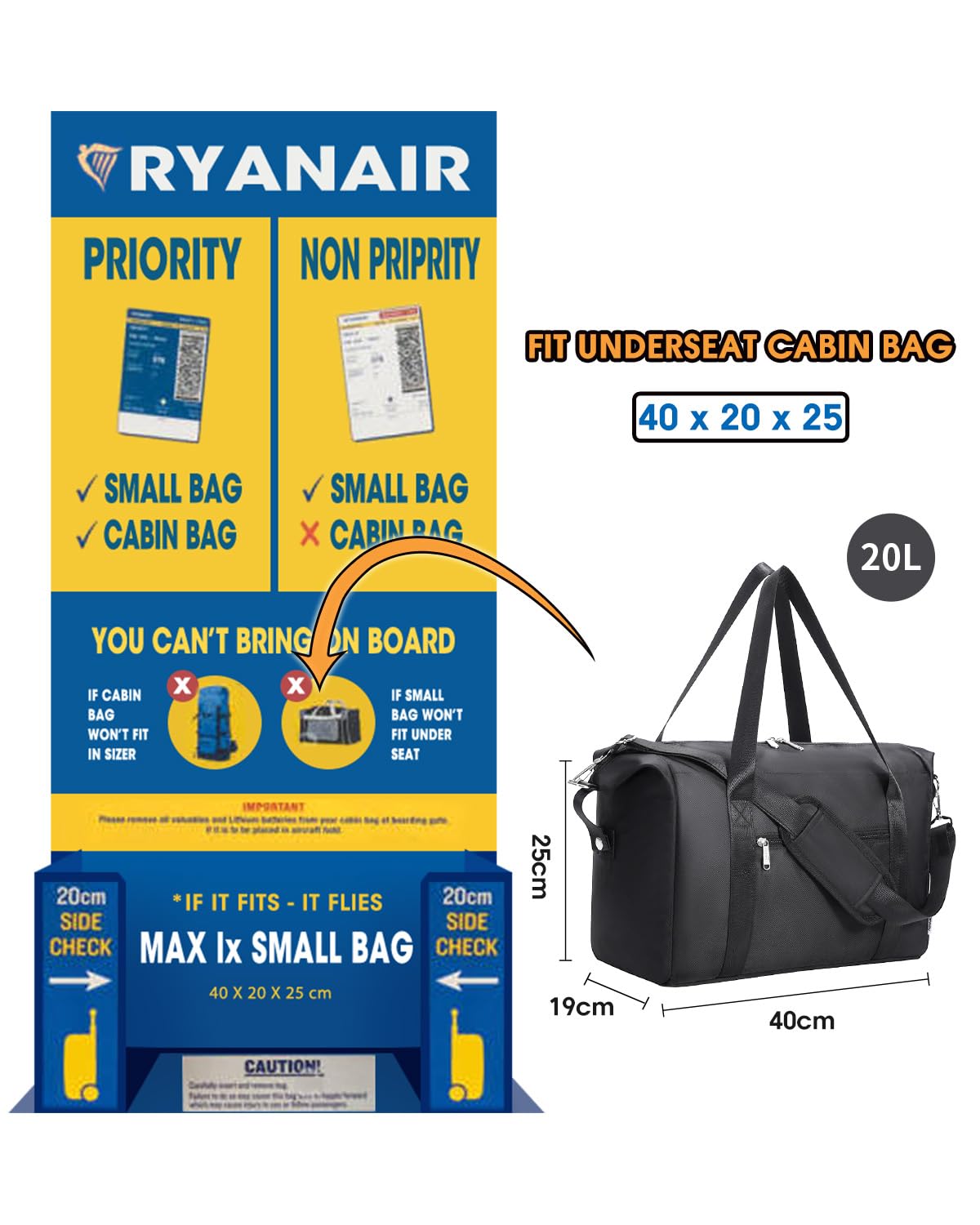 Narwey for Ryanair Cabin Bag 40x20x25 Underseat Ryan Air Bag Foladble Travel Duffel Hospital Carry on Hand Luggage Holdall Weekend Overnight Bag for Women and Men 20L (Beige with Green Straps)