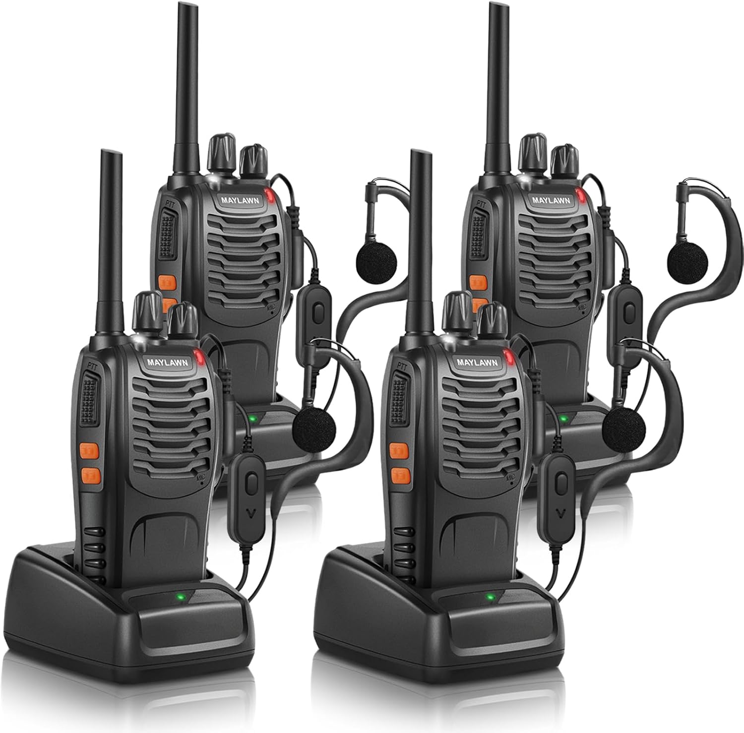 Maylawn Walkie Talkies Pack of 4, Long Range Walkie Talkies for Adults with Rechargeable Batteries, Portable 2 Way Radio with LED Light Earpieces 16CH Supports VOX Function (PMR446)