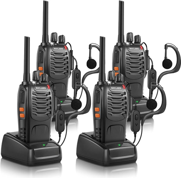 Maylawn Walkie Talkies Pack of 4, Long Range Walkie Talkies for Adults with Rechargeable Batteries, Portable 2 Way Radio with LED Light Earpieces 16CH Supports VOX Function (PMR446)