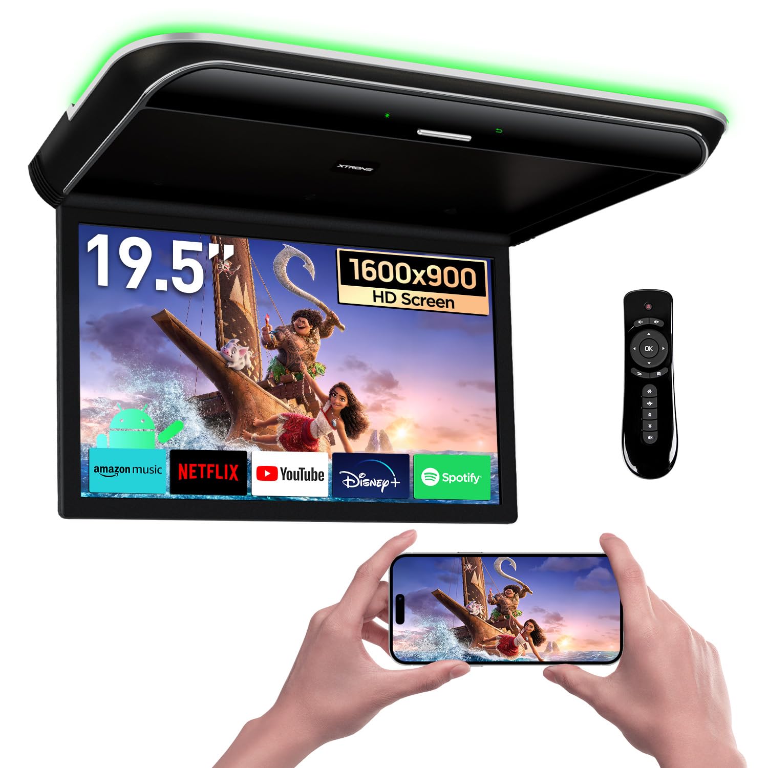 XTRONS Android Car Overhead Player 19.5 Inch Octa Core Car Roof Mount Monitor Wide IPS Screen 8K Video Built-in Stereo Speakers Flip Down Overhead Car Monitor Support 4G WiFi HDMI Input USB RCA Input