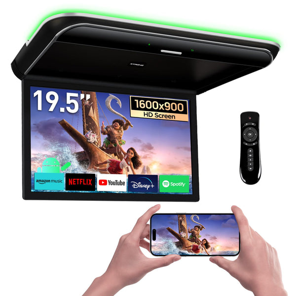XTRONS Android Car Overhead Player 19.5 Inch Octa Core Car Roof Mount Monitor Wide IPS Screen 8K Video Built-in Stereo Speakers Flip Down Overhead Car Monitor Support 4G WiFi HDMI Input USB RCA Input