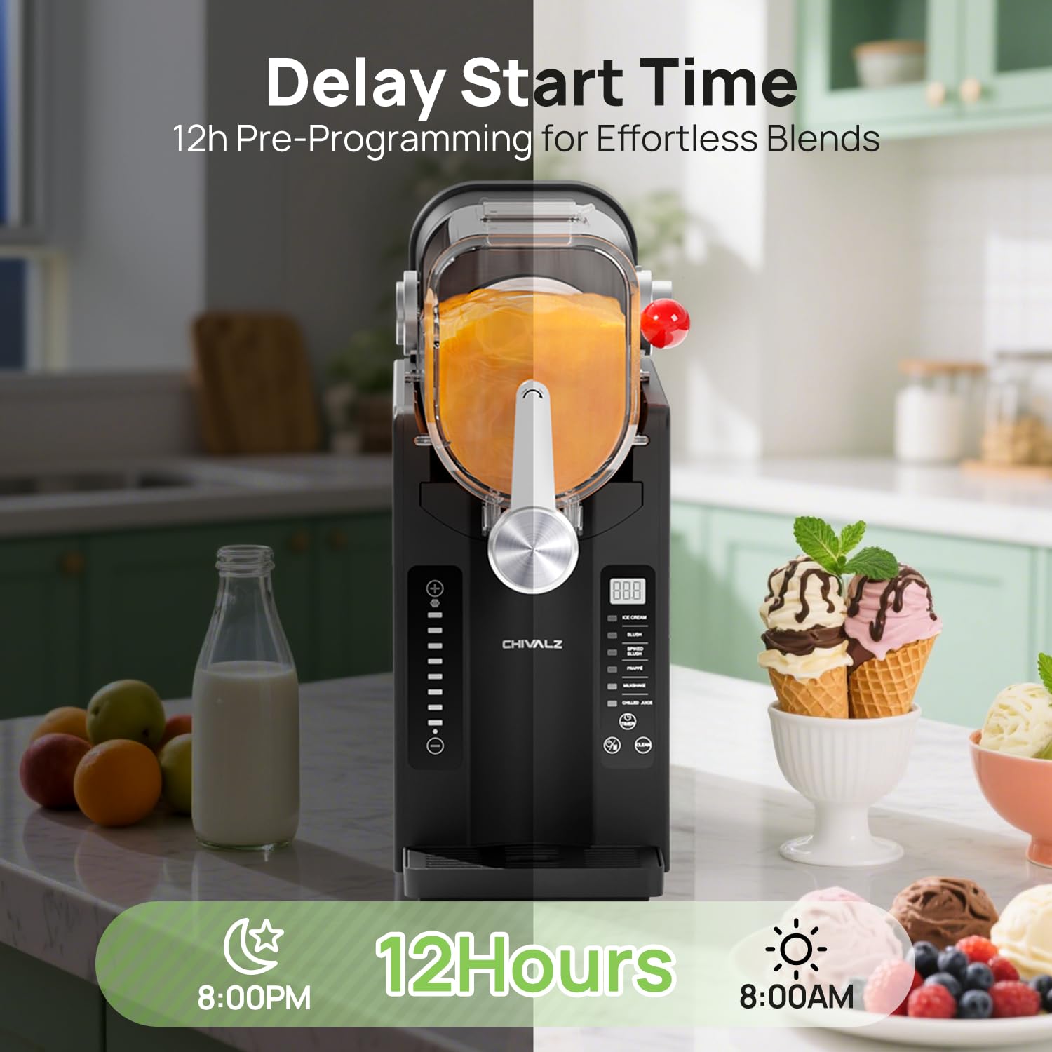 CHIVALZ Slush Machine, Frozen Drink Machine, No Ice Needed, 12H Pre-Scheduling, LED Display, Self-Cleaning, Makes Slushies, Milkshakes, Frappés & Cocktail, AD03, Black, 6 Preset Programs +1 Pack