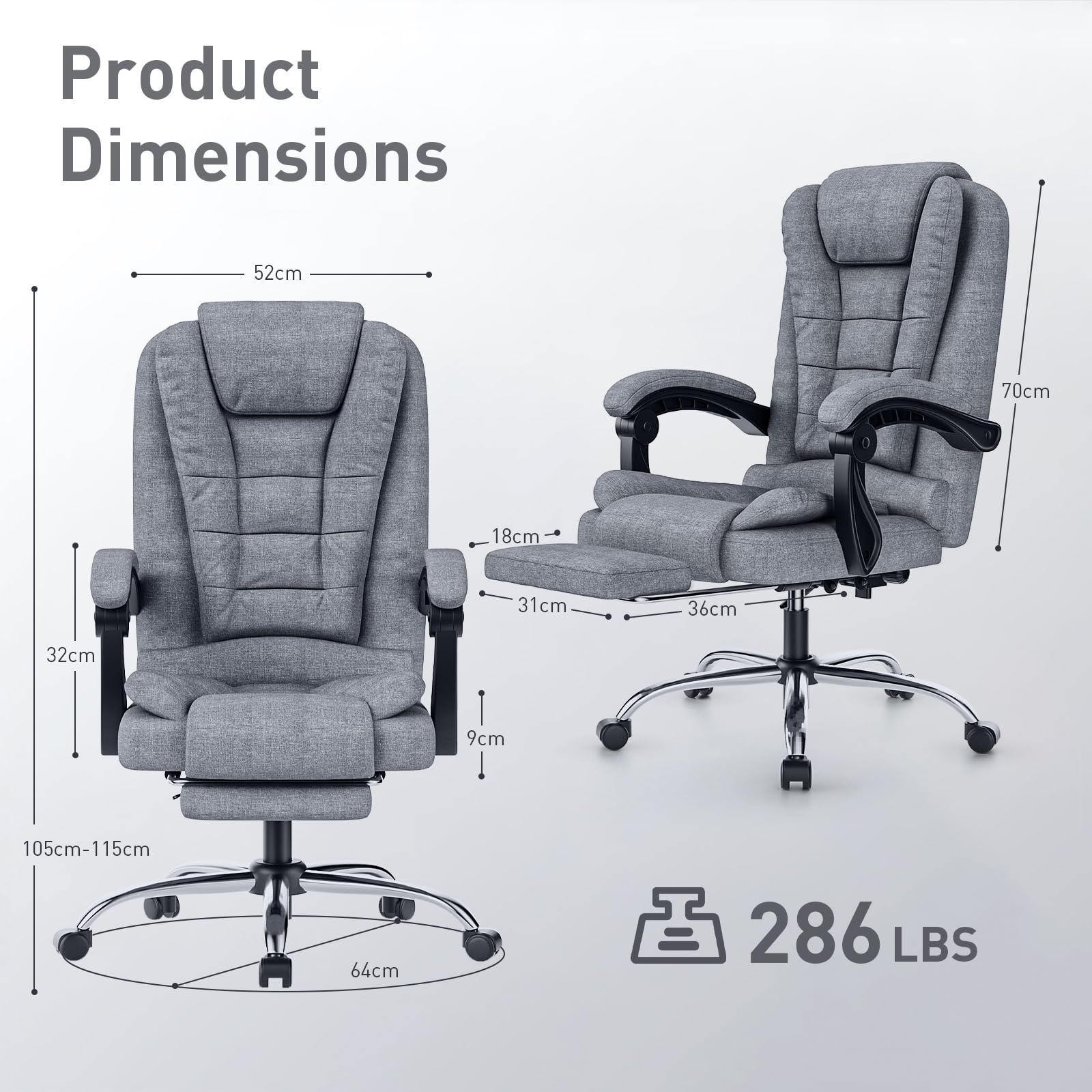 naspaluro Executive Office Chair High Back Desk Chair Ergonomic Recliner Computer Chair Gaming Chair with Tilt Function Heavy Duty for Home Office Working (Grey Fabric)