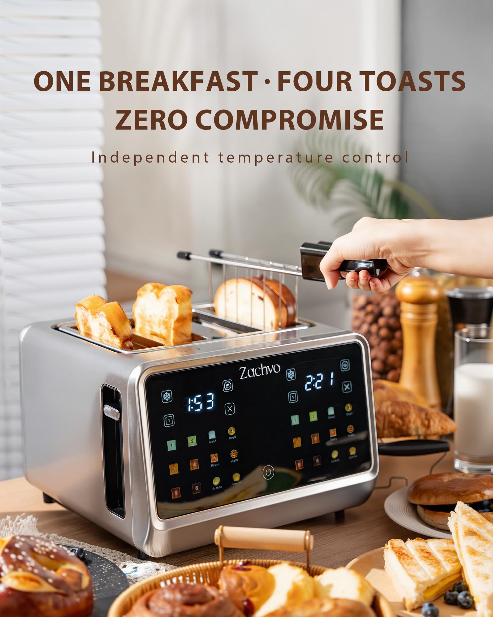 ZACHVO Toaster 4 Slice with Independent Dual Controls & Extra-Wide 1.45" Slots – Smart Touchscreen Toasters with 6 Browning Levels, Auto Shutoff, Defrost & Reheat, Sandwich Clip & Warming Rack