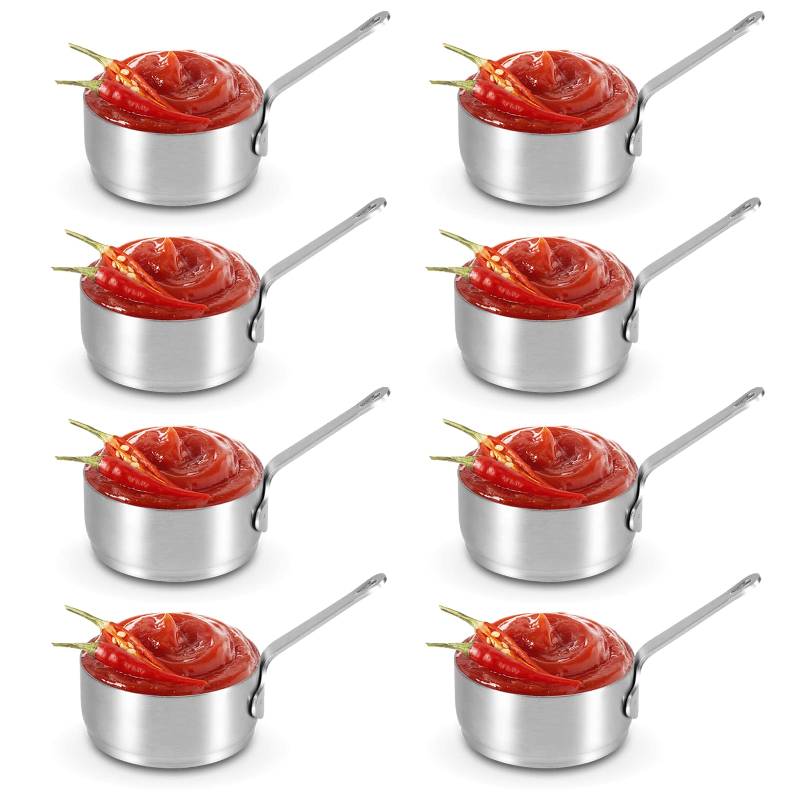 8Pcs 100ml/3.38oz Stainless Steel Sauce Cup, Mini Saucepan Sauce Bowl Soup Pot Condiment Sauce Cups Container Round Condiments Ramekin Dipping Sauce