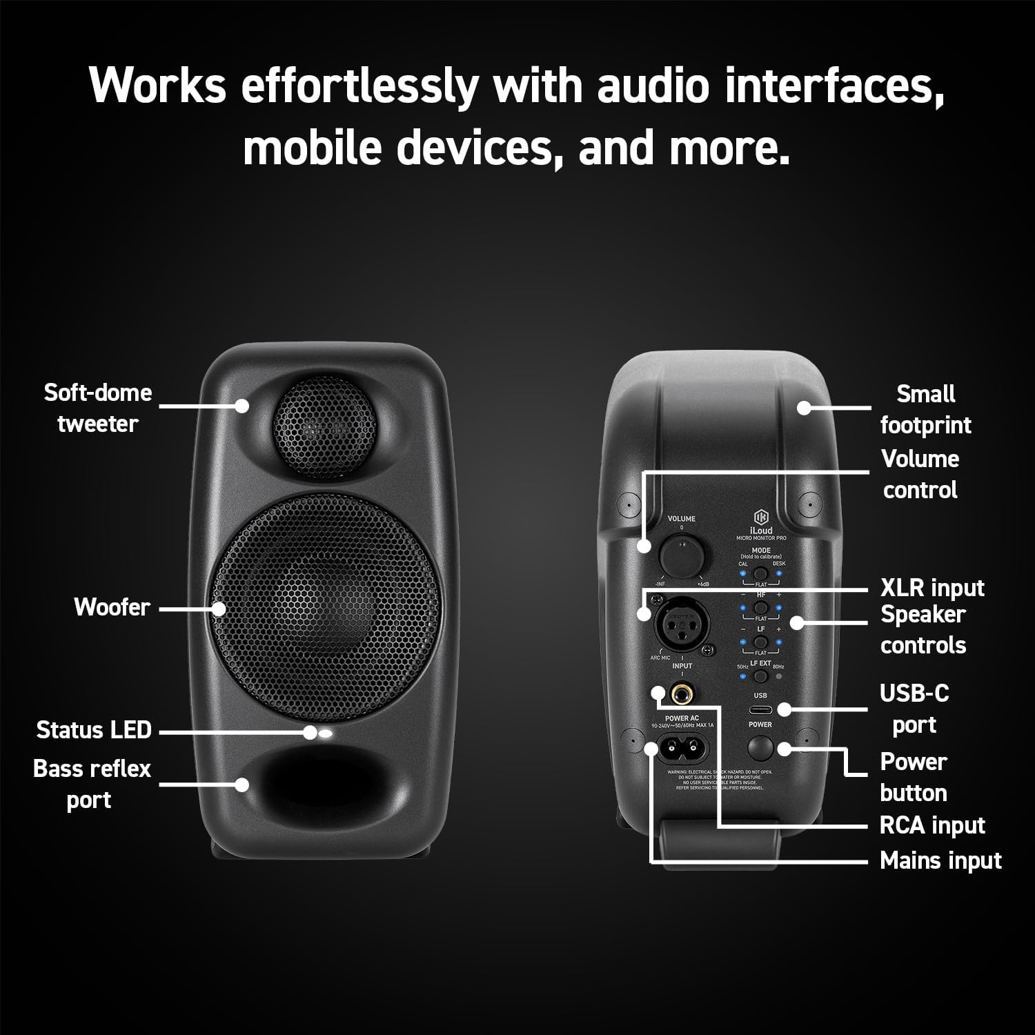 IK Multimedia iLoud Micro Monitor Pro - Pair - 2-Way bi-amped, highly portable, digitally controlled compact reference studio monitors. X-MONITOR. Incl. ARC calibration mic. Black.