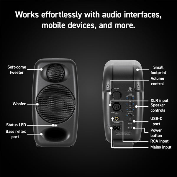IK Multimedia iLoud Micro Monitor Pro - Pair - 2-Way bi-amped, highly portable, digitally controlled compact reference studio monitors. X-MONITOR. Incl. ARC calibration mic. Black.