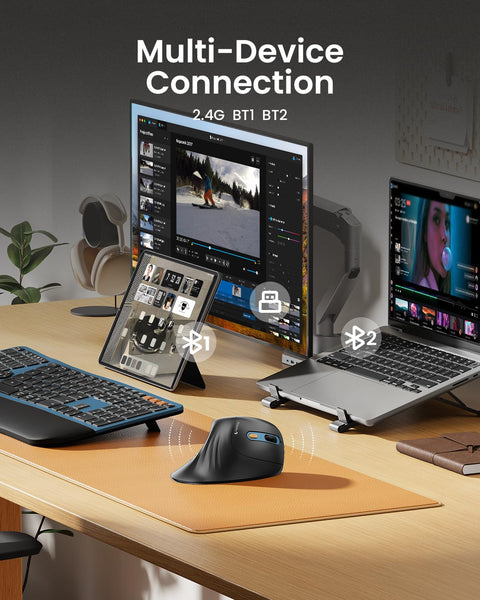 ProtoArc EM11 NL Ergonomic Mouse, Wireless Vertical Mini Mouse Rechargeable Optical Mice with Multi-Device (2*Bluetooth + USB Connection), 3 Adjustable DPI for Computer, iPad, Mac, Windows Black