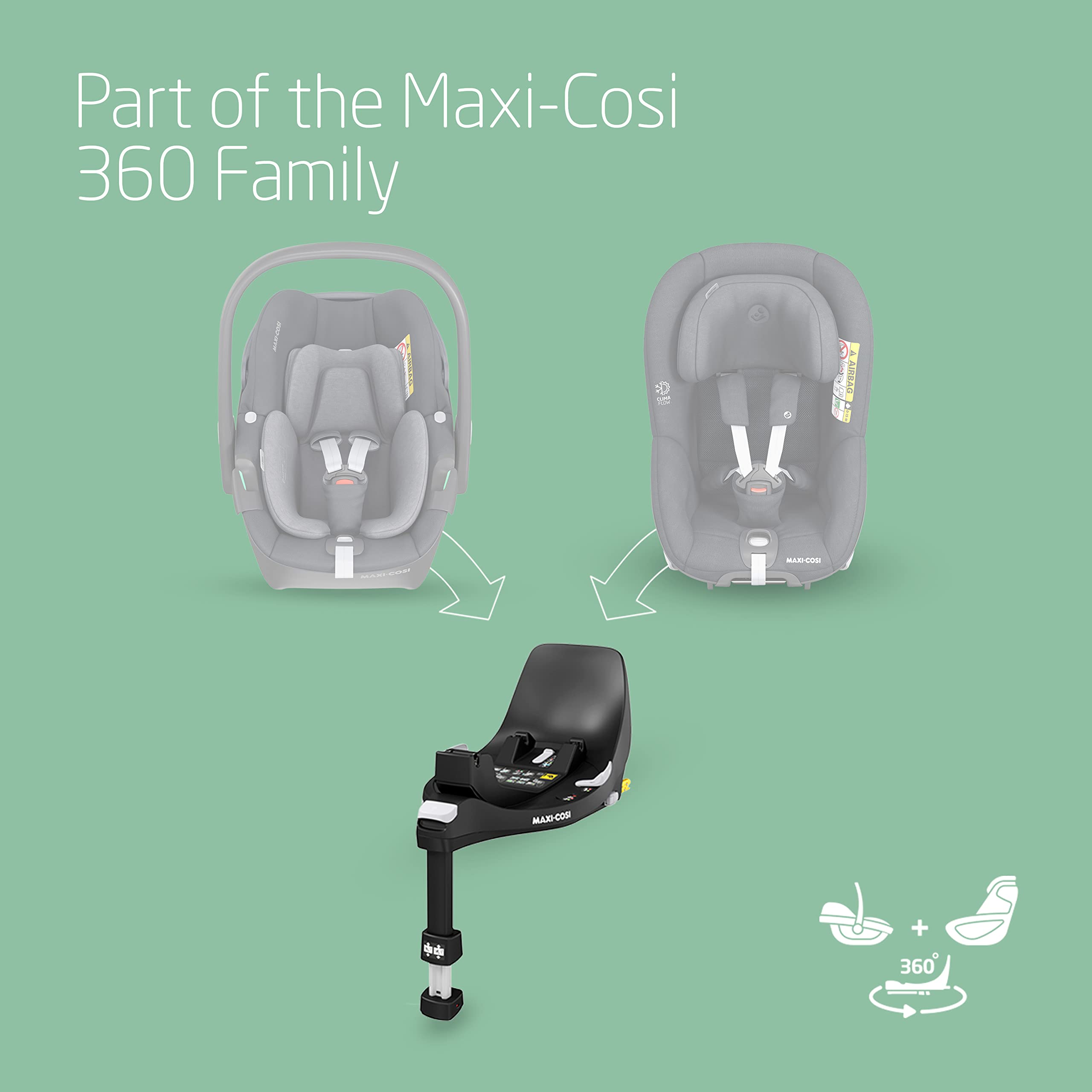 Maxi-Cosi FamilyFix 360 i-Size Base, Rotating Car Seat System, 360 Swivel ISOFIX Base, 0-4 Years (40-105 cm), One-Hand FlexiSpin Rotation, TravelSafe Rotation Control, Click & Go, Black