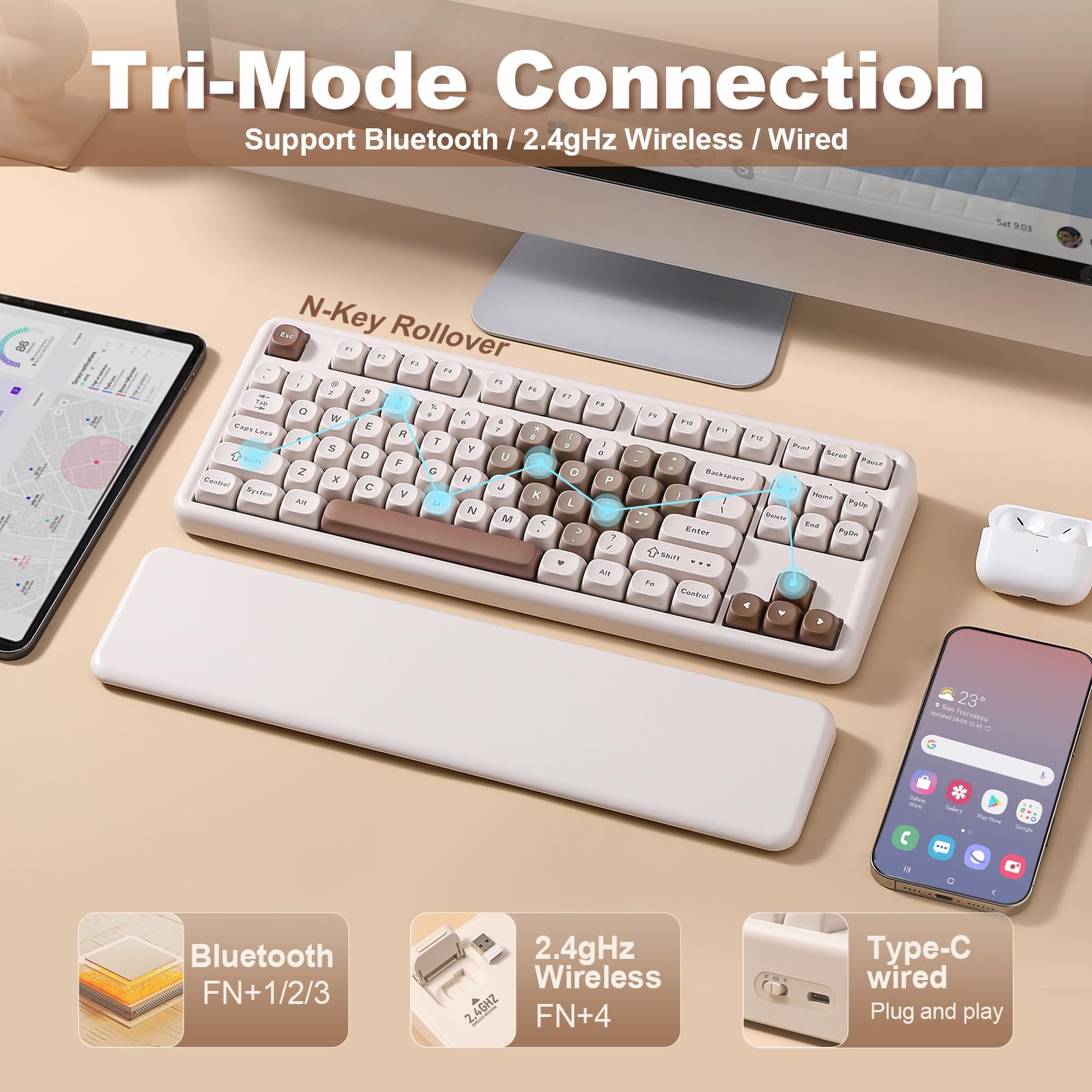 YUNZII B87 Wireless Mechanical Keyboard,QMK/VIA Software Custom Gaming,Gasket RGB Keyboard with Cute MOA Keycaps,Wrist Rest,BT5.0/2.4G/USB-C NKRO for Win/Mac (butter, milk v2 linear)