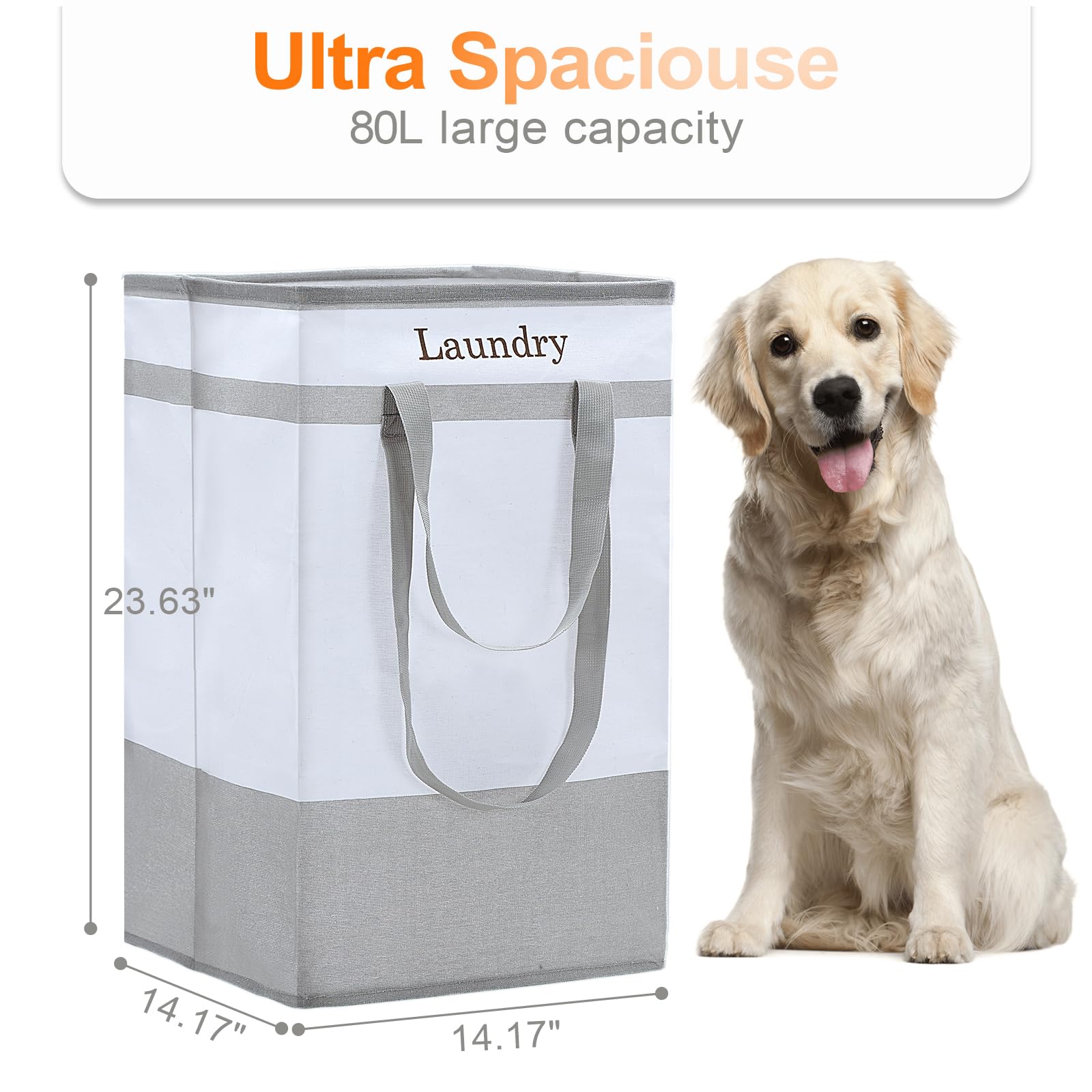 ROSOS Collapsible Foldable Hamper - Extended Double Handle, 80 L Laundry Basket for Bedroom Bathroom Dorm Storage - 1 Pack, Black