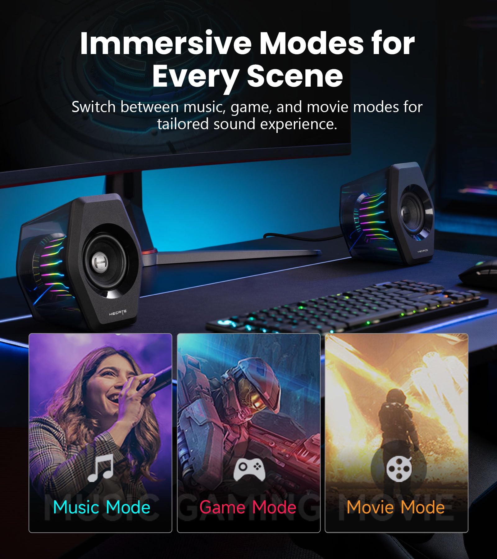 Edifier G2000 Pro 2.0 RGB Gaming Speakers with 64W Peak Power, Virtual 7.1 Surround Sound, 270° TempoFlow Light Sync, Transparent PC Speakers, BT5.4/USB-C/AUX for PC, PS5, Switch, Game Console (Black)