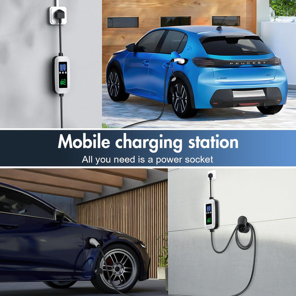 EV Charger Cable Type 2 to 3 Pin Plug 3KW, 6M, 6/8/10/13A, Adjustable Current EV Charger,With LED Screen Timing Delay IP66/IP65, With Carry Bag and Type 2 EV Cable Holder for EVs and PHEVs