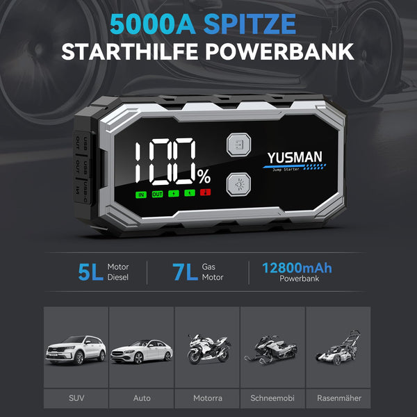 Jump Starter Power Pack, 12V Car Battery Booster, 5000A Portable Battery Pack (7.0 Gas/5.0L Diesel), Portable Jump Starter with Extended Smart Jump Cables, 3-Mode Lights