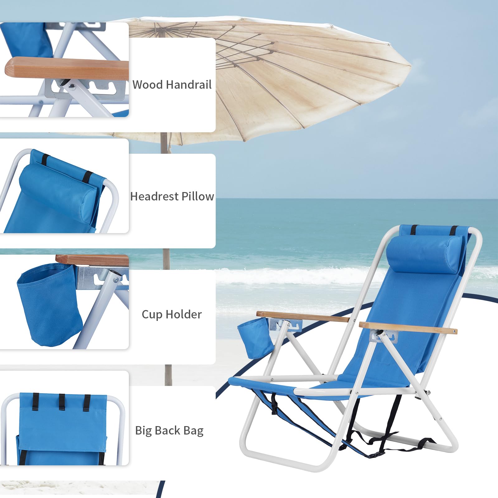 Outopee Set of 2 Folding Beach Chair, Portable Camping Backpack Beach Chair with 4 Level Positions, Adjustable Headrest, Cup Holder for Fishing Poolside Picnic, 120kg Capacity, Blue