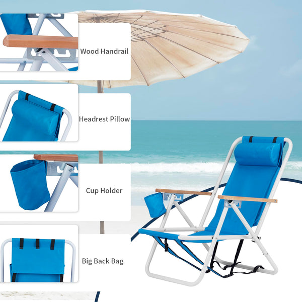 Outopee Set of 2 Folding Beach Chair, Portable Camping Backpack Beach Chair with 4 Level Positions, Adjustable Headrest, Cup Holder for Fishing Poolside Picnic, 120kg Capacity, Blue