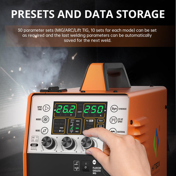 HITBOX 6 in 1 MIG Welder Gas/Gasless 250A 240V LED Digital MIG Welding Machine Flux Solid Wire MIG ARC Lift TIG Inverter Welders, Aluminum Weldable(MIG250)