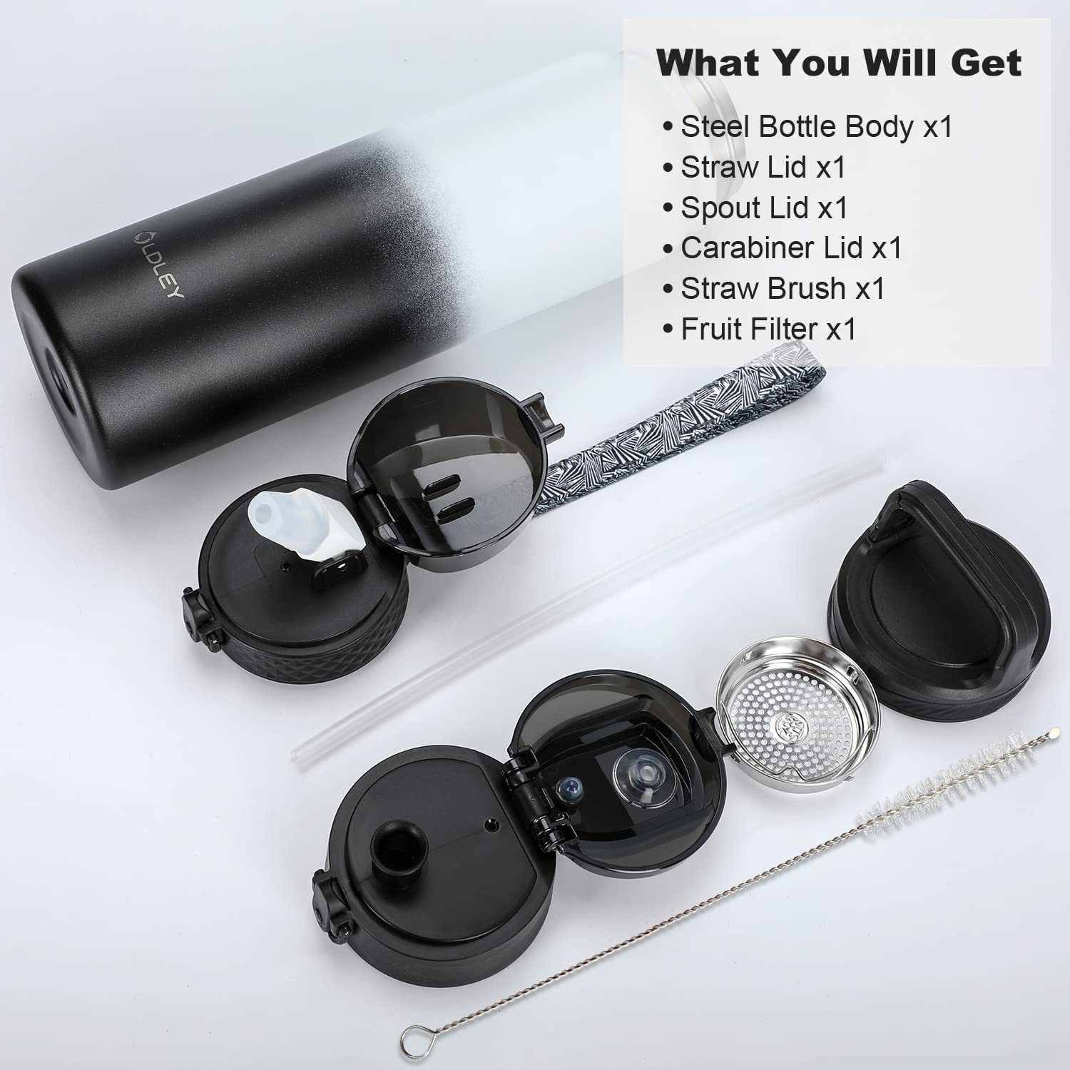 OLDLEY Stainless Steel Water Bottle with Straw 1L Vaccum Insulated Large Drink Flask Metal Water Bottles 1 Litre Leakproof Keep Drinks Hot Cold for Sports Gym with Different Lids(Purple Green, 3 Lids)