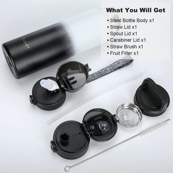 OLDLEY Stainless Steel Water Bottle with Straw 1L Vaccum Insulated Large Drink Flask Metal Water Bottles 1 Litre Leakproof Keep Drinks Hot Cold for Sports Gym with Different Lids(Purple Green, 3 Lids)