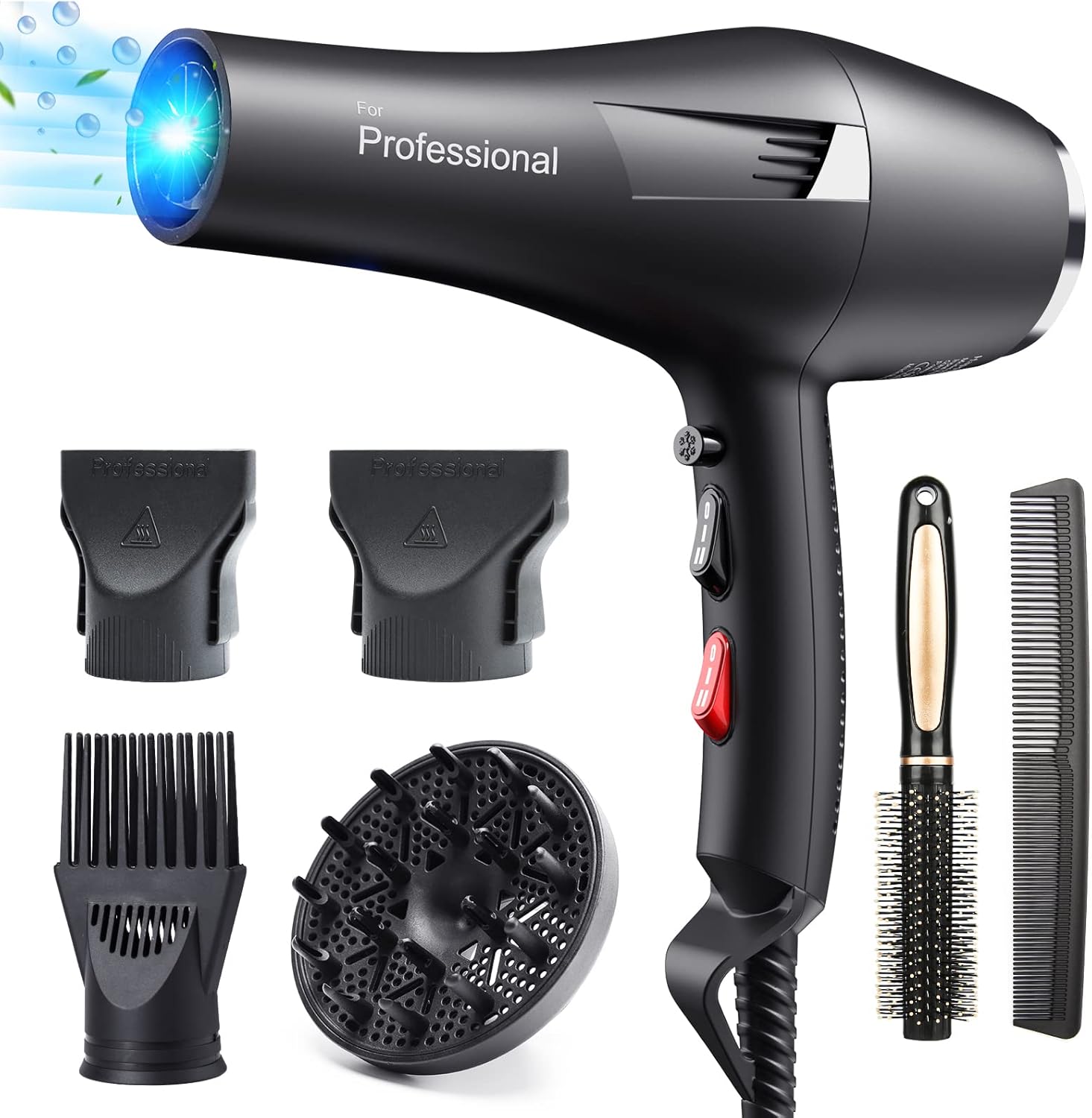 HappyGoo Hair Dryer Professional Ionic Hairdryer Fast Drying Salon with 2 Speed 3 Heat Setting, Cool Button, with Diffuser, Nozzle, Concentrator Comb for Women Man