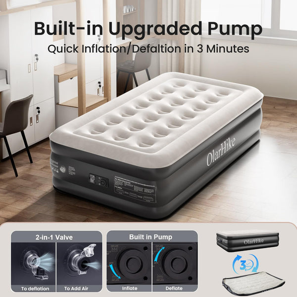 OlarHike Inflatable Mattress, Air Bed Double with Built-in Electric Pump, King Size Blow Up Self Inflating Guest Airbed with Flocked Surface for Camping or Home Use, 190cm L x 140cm W x 46cm H(Black)