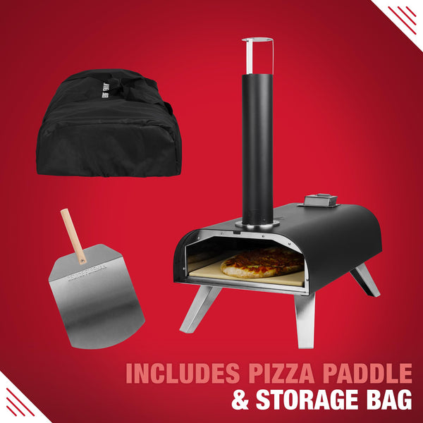 George Foreman Outdoor 12 Inch Wood Pellet Portable Wood Fired Pizza Oven Stainless Steel with Paddle and Carry Bag, BBQ Oven & Smoker, Foldable Legs GFWPPO1SSPC