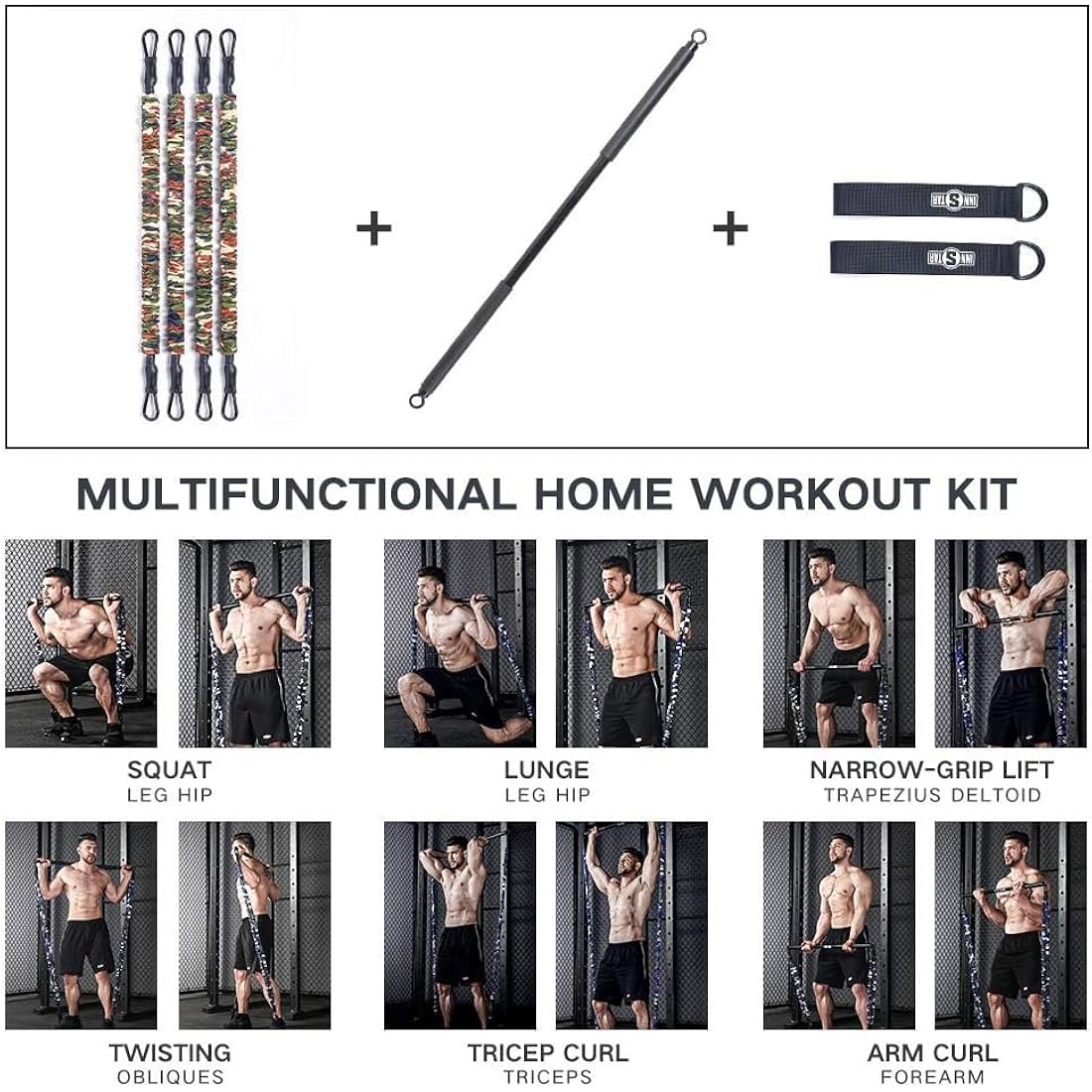 INNSTAR Portable Home Gym Set with Workout Bar, Bench Press Set, Squat Resistance Band, Door Anchor and More-Full Body Workout Equipment to Build Muscle and Shape Body