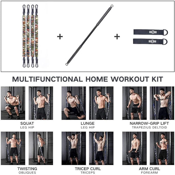 INNSTAR Portable Home Gym Set with Workout Bar, Bench Press Set, Squat Resistance Band, Door Anchor and More-Full Body Workout Equipment to Build Muscle and Shape Body