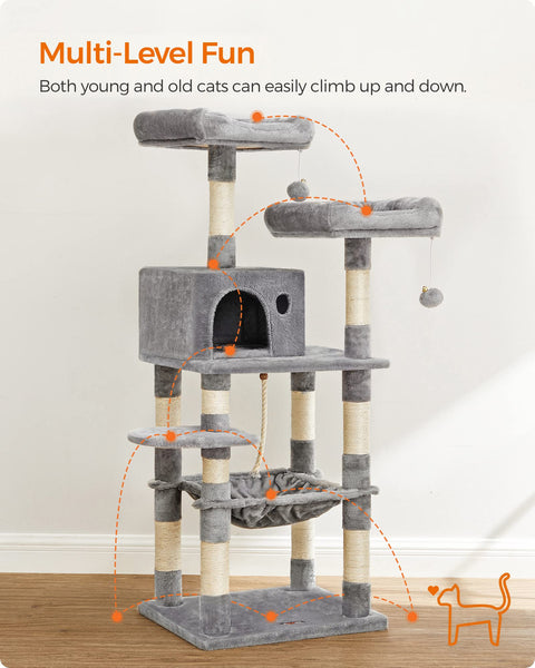 Feandrea Cat Tree, Stable Cat Tower, 2 Plush Perches, 143cm, Light Grey PCT15W