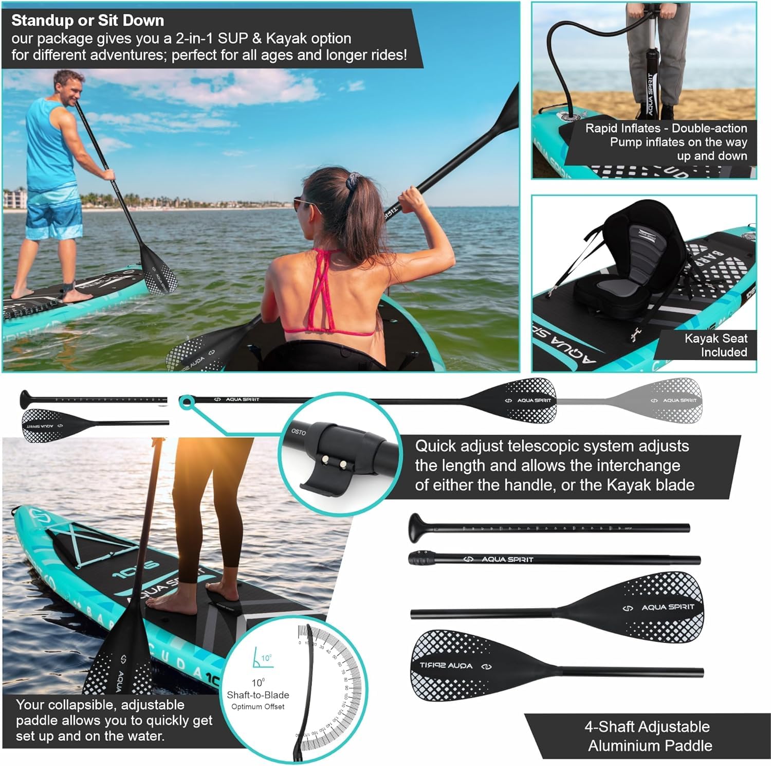 Aqua Spirit Barracuda ISUP/Kayak Inflatable Stand Up Paddle Board 2025 | 10'6x32”x6” | Complete Conversion Kit with Paddle, Backpack and more accessories | Adult Beginner/Expert