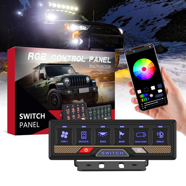 Chelhead RGB 6 Gang Switch Panel with APP Control, Universal Circuit Control Relay System, Multi-Function Bluetooth Remote Switch Panel, Compatible with Truck Boat SUV RV Trailer Marine ATV UTV